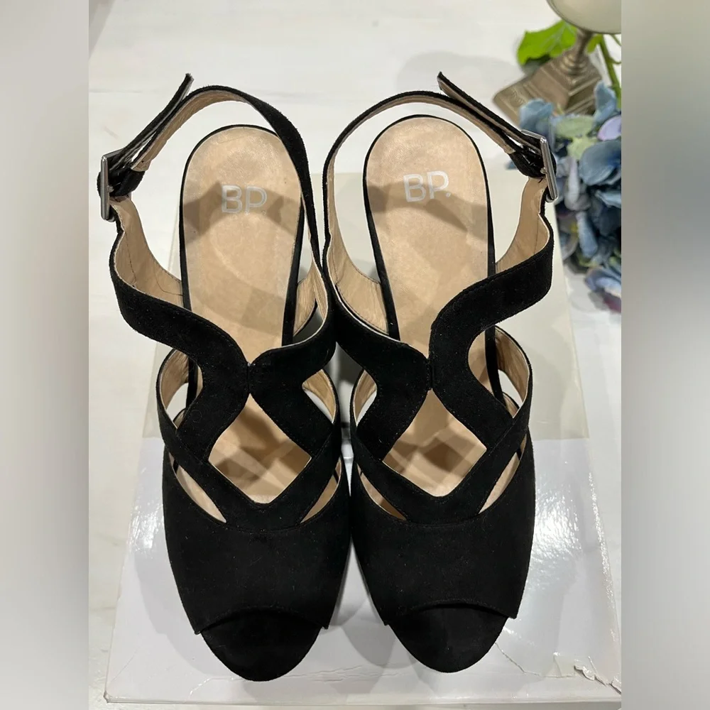 B.P. Ankle strap black‎ vegan suede wedge sandal size 8.5